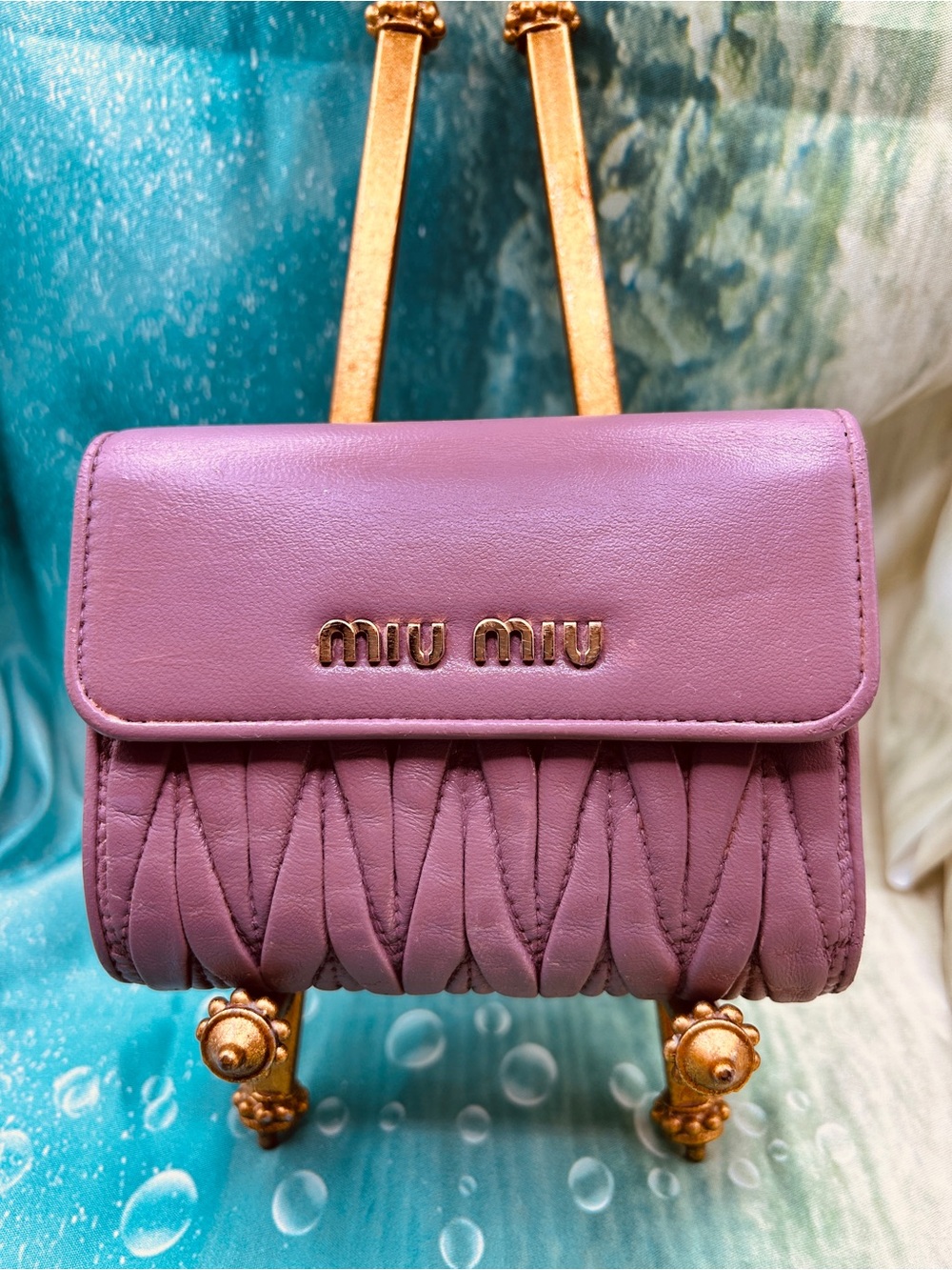 Miu Miu Blush Mauve Matelassé Leather Compact Wallet Gold Logo Includes COA